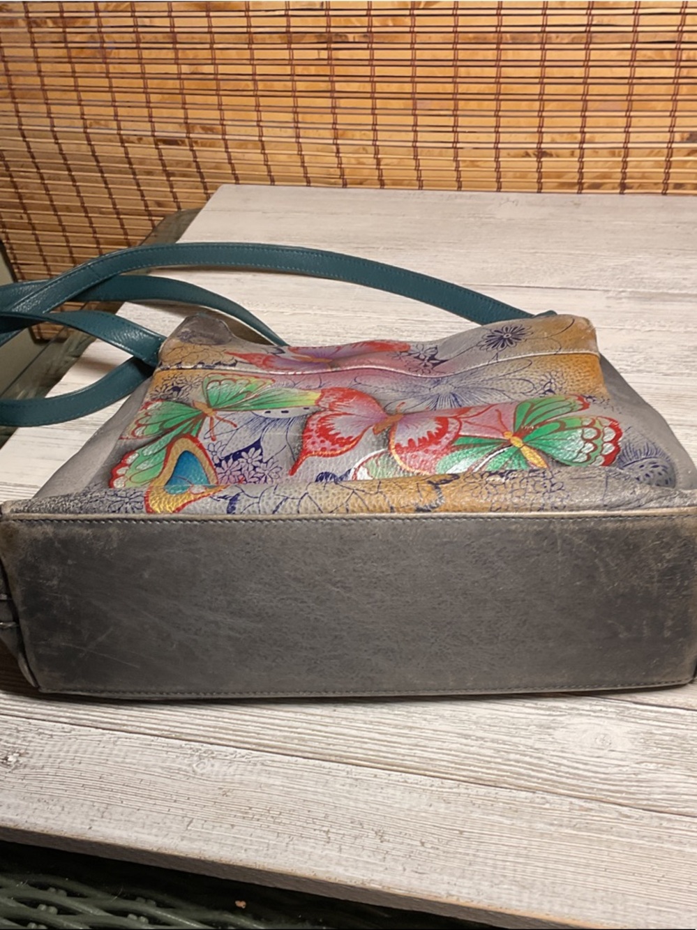 Anuschka Teal Strap Hand-Painted Metallic Butterfly Shoulder Bag - Picture 10 of 13